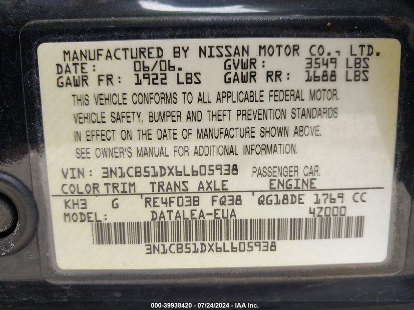 2006 Nissan Sentra 1.8S VIN: 3N1CB51DX6L605938 Lot: 39938420