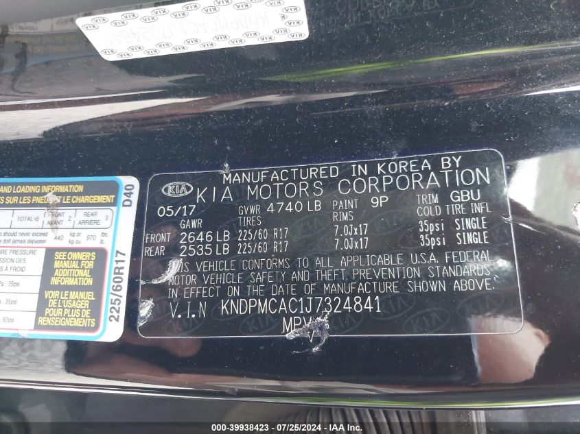 2018 Kia Sportage Lx VIN: KNDPMCAC1J7324841 Lot: 39938423