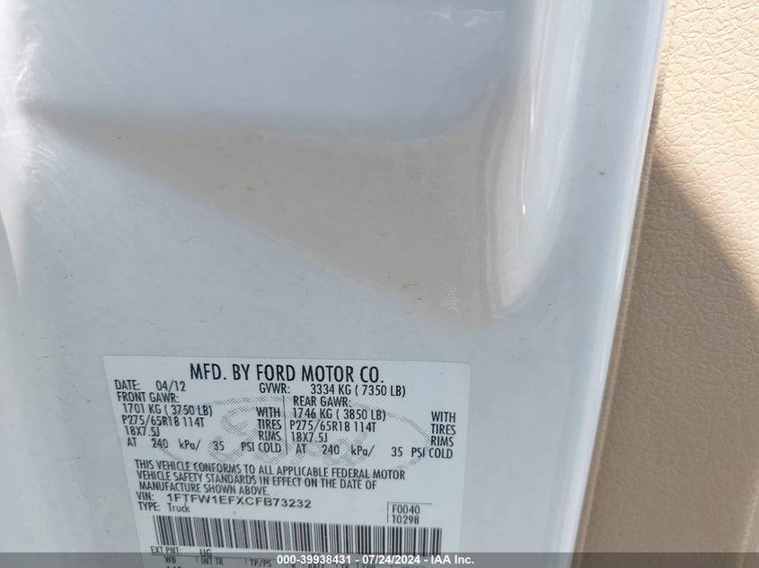 2012 Ford F-150 Lariat VIN: 1FTFW1EFXCFB73232 Lot: 39938431