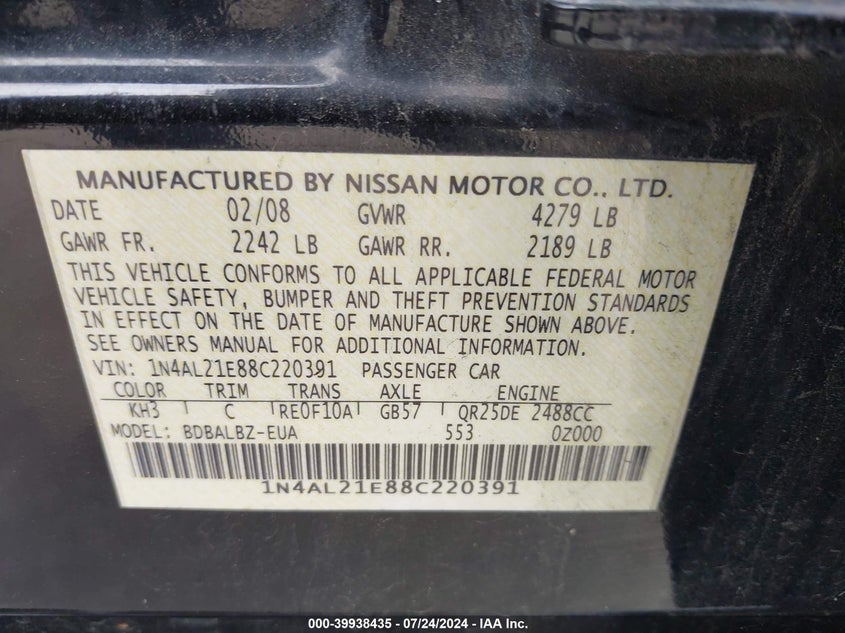 2008 Nissan Altima 2.5 S VIN: 1N4AL21E88C220391 Lot: 39938435