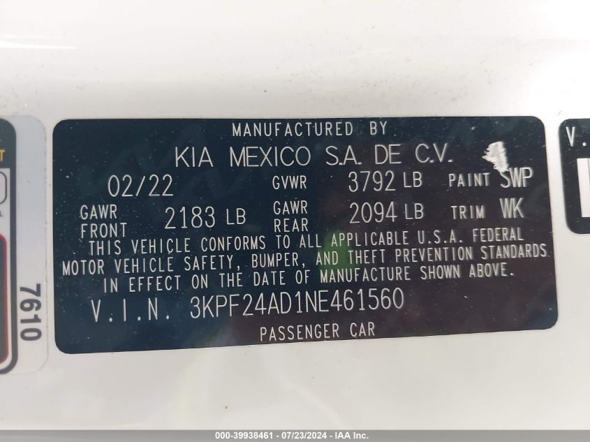 2022 Kia Forte Lxs VIN: 3KPF24AD1NE461560 Lot: 39938461