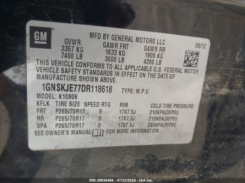 2013 Chevrolet Suburban 1500 Lt VIN: 1GNSKJE77DR118618 Lot: 39938494