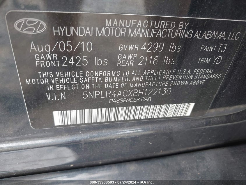 2011 Hyundai Sonata Gls VIN: 5NPEB4ACXBH122130 Lot: 39938503