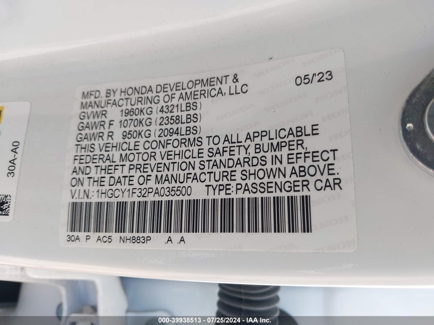 VIN 1HGCY1F32PA035500 2023 HONDA ACCORD EX