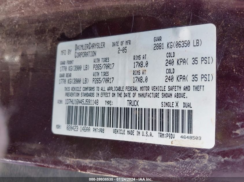 2005 Dodge Ram 1500 St VIN: 1D7HU16N45J591148 Lot: 39938535