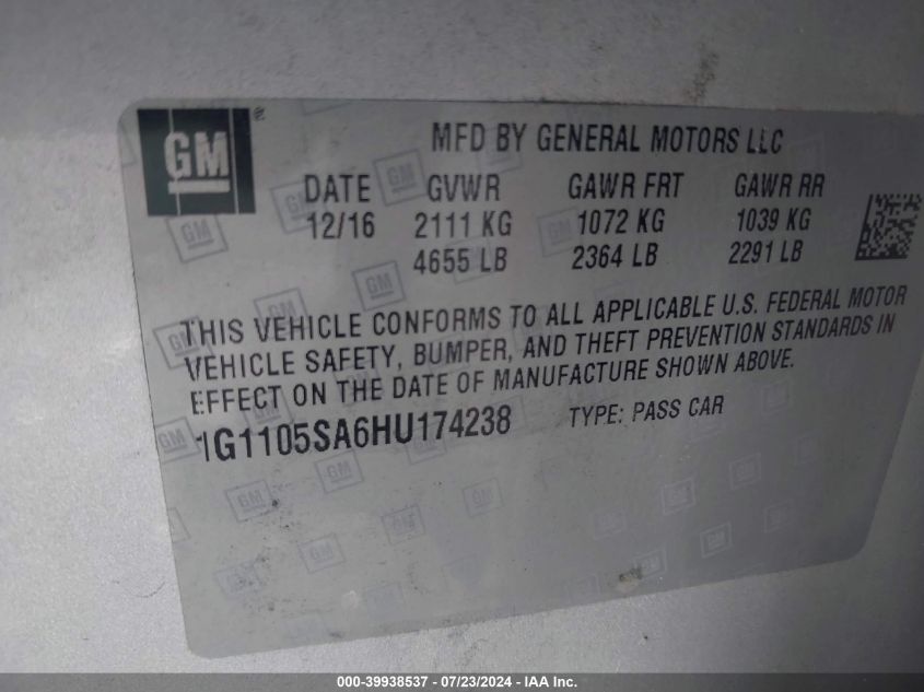 2017 Chevrolet Impala 1Lt VIN: 1G1105SA6HU174238 Lot: 39938537