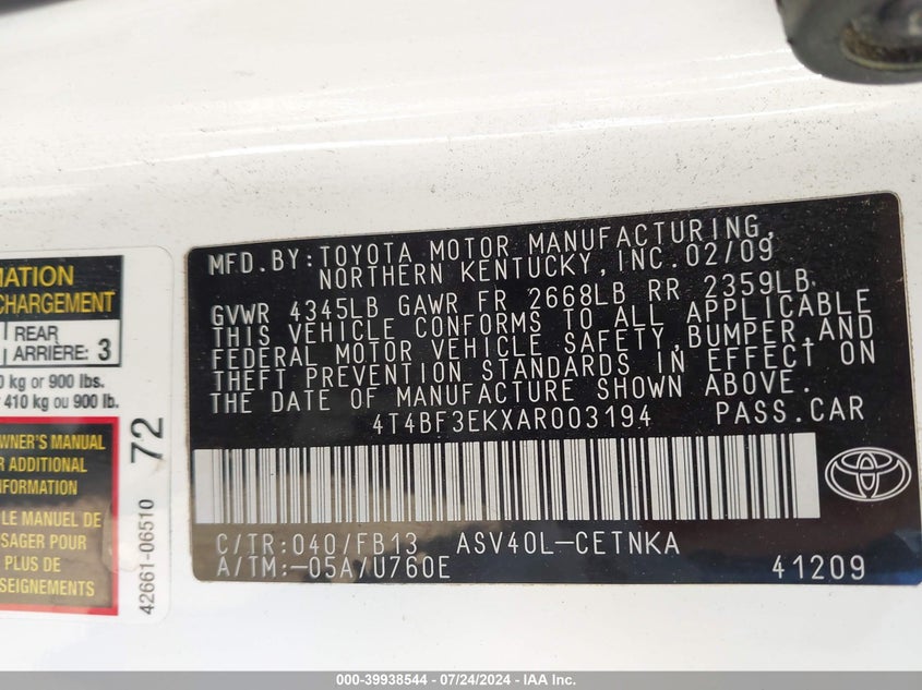 2010 Toyota Camry Se/Le/Xle VIN: 4T4BF3EKXAR003194 Lot: 39938544