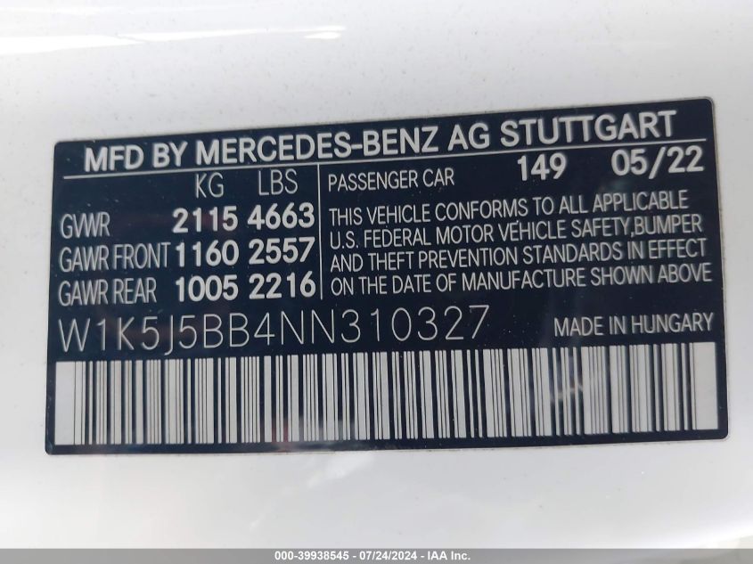 2022 Mercedes-Benz Cla Amg 35 4Matic VIN: W1K5J5BB4NN310327 Lot: 39938545