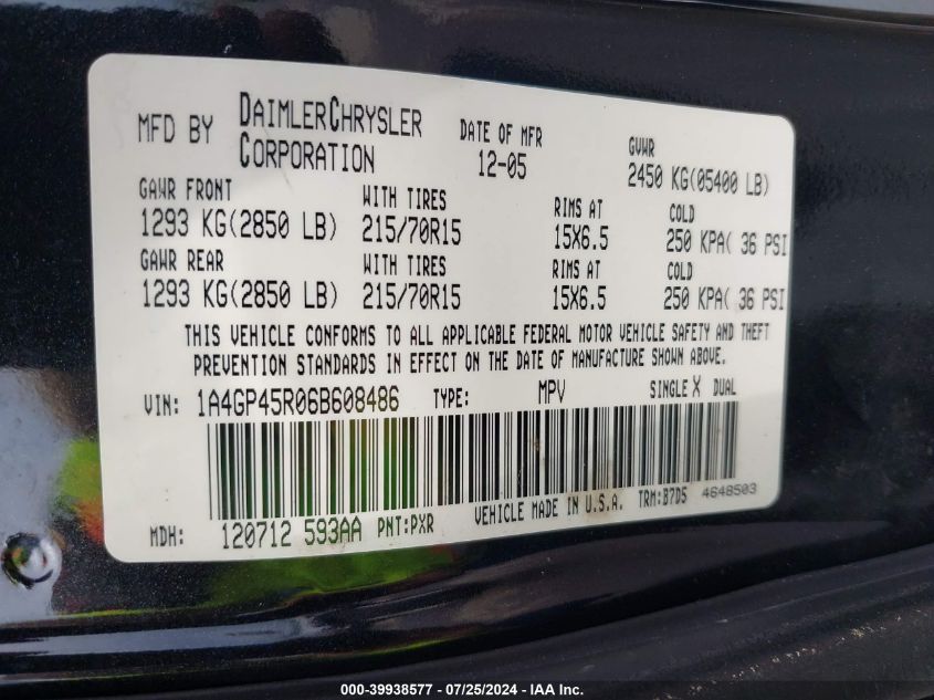 2006 Chrysler Town & Country VIN: 1A4GP45R06B608486 Lot: 39938577