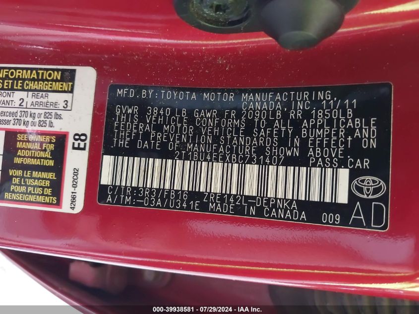 2011 Toyota Corolla Le VIN: 2T1BU4EEXBC731407 Lot: 39938581