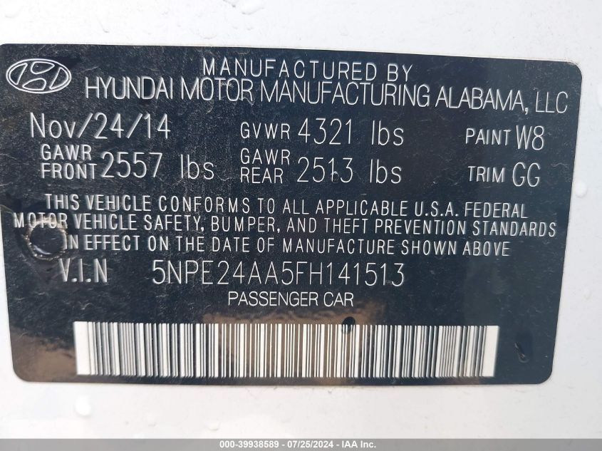 2015 HYUNDAI SONATA ECO - 5NPE24AA5FH141513