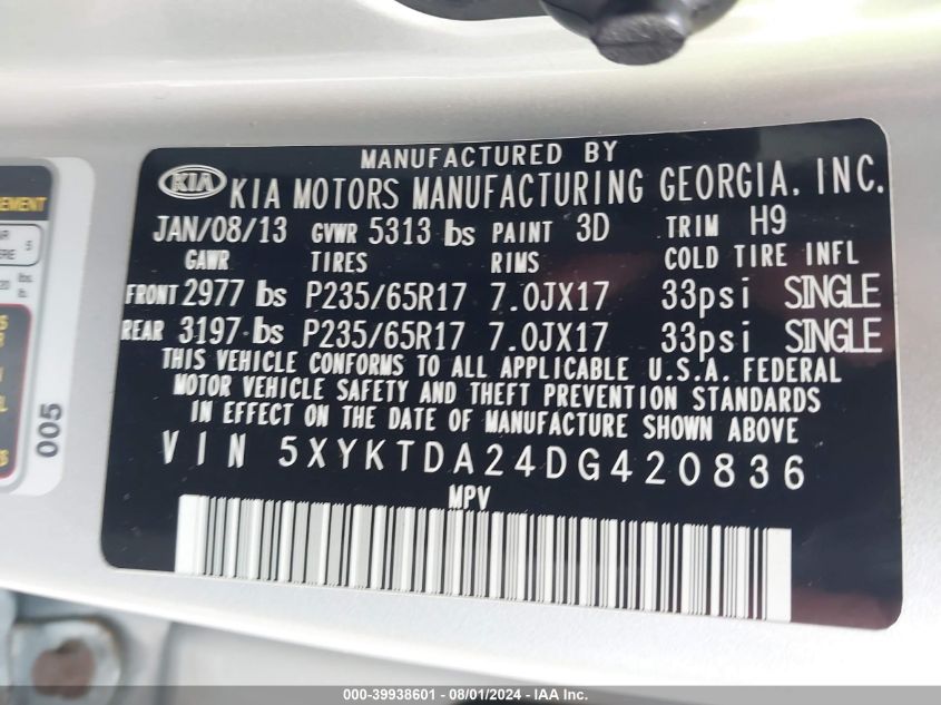 2013 Kia Sorento Lx VIN: 5XYKTDA24DG420836 Lot: 39938601