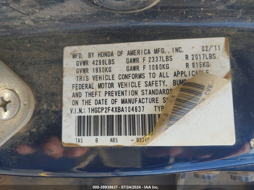 2011 Honda Accord 2.4 Lx-P VIN: 1HGCP2F4XBA104637 Lot: 39938637