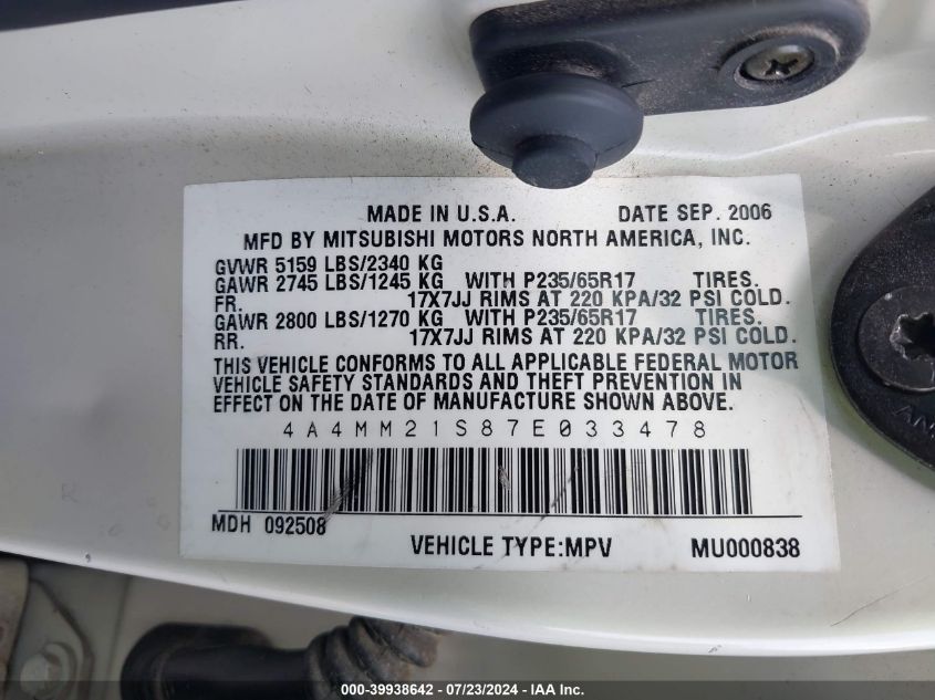 2007 Mitsubishi Endeavor Ls VIN: 4A4MM21S87E033478 Lot: 39938642