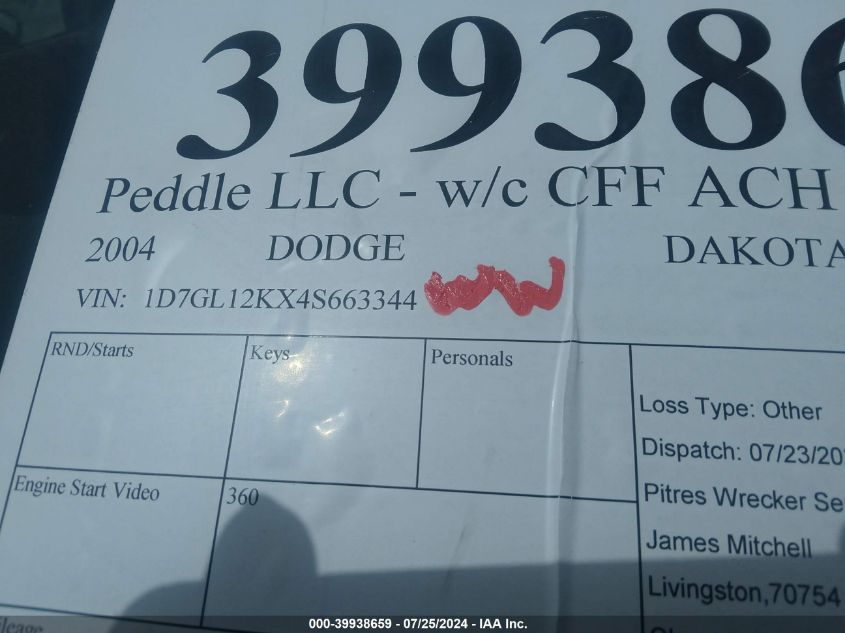 2004 Dodge Dakota VIN: 1D7GL12KX4S663344 Lot: 39938659