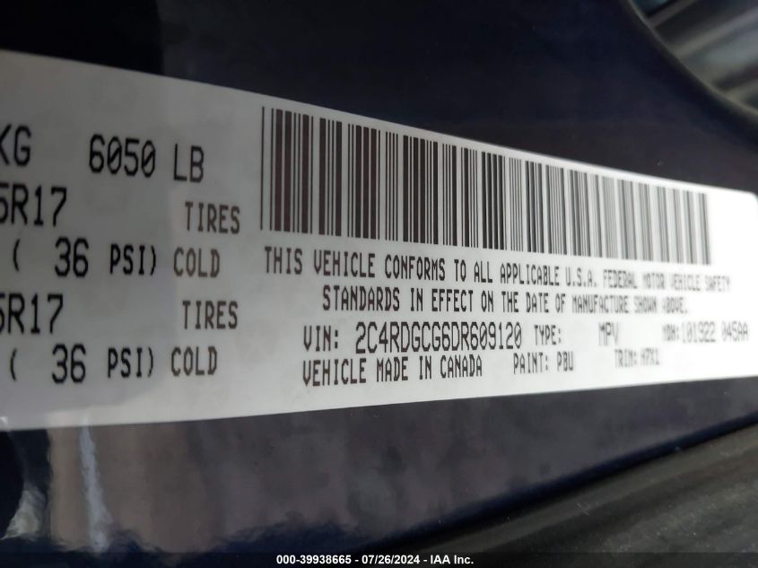 2013 Dodge Grand Caravan Sxt VIN: 2C4RDGCG6DR609120 Lot: 39938665