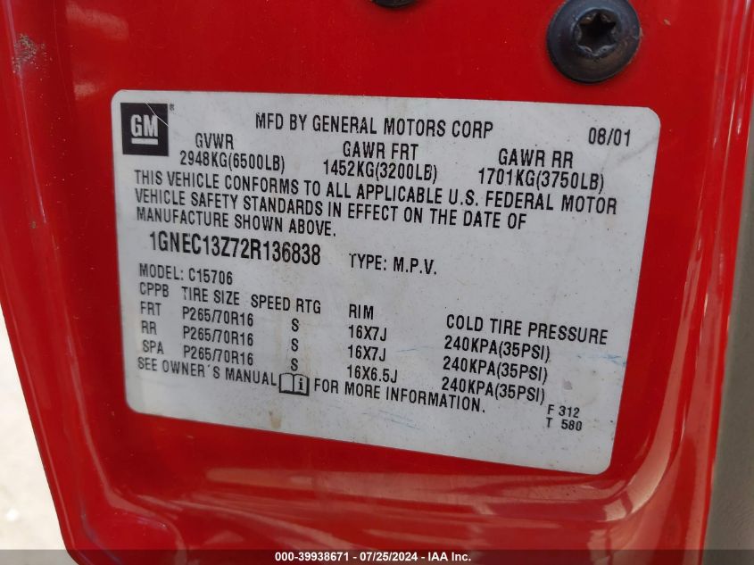 2002 Chevrolet Tahoe C1500 VIN: 1GNEC13Z72R136838 Lot: 39938671