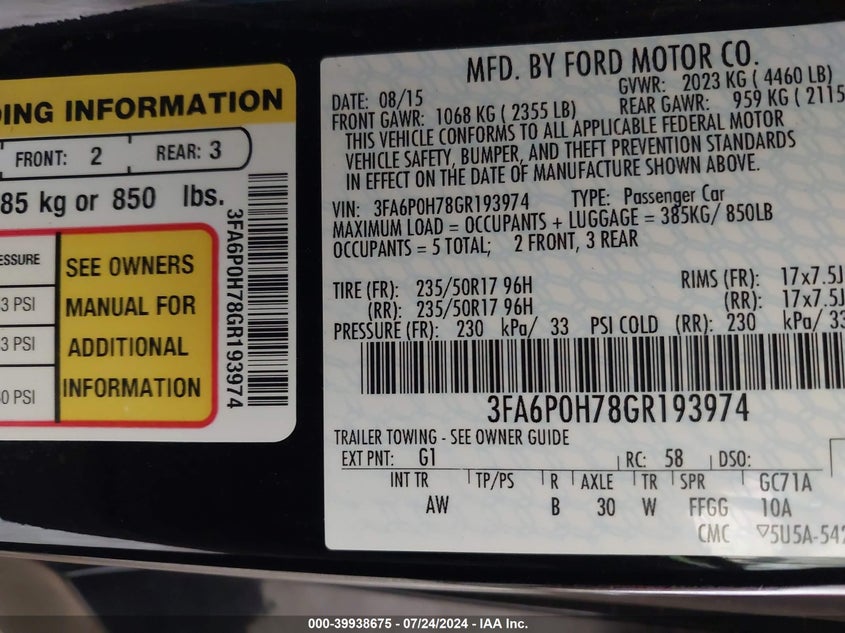 2016 Ford Fusion Se VIN: 3FA6P0H78GR193974 Lot: 39938675