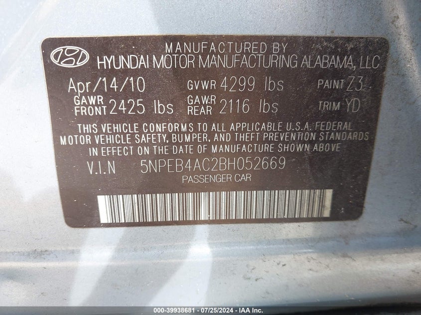 2011 Hyundai Sonata Gls VIN: 5NPEB4AC2BH052669 Lot: 39938681