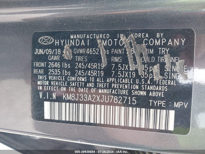 2018 Hyundai Tucson Limited/Sport And Eco/Se VIN: KM8J33A2XJU782715 Lot: 39938684