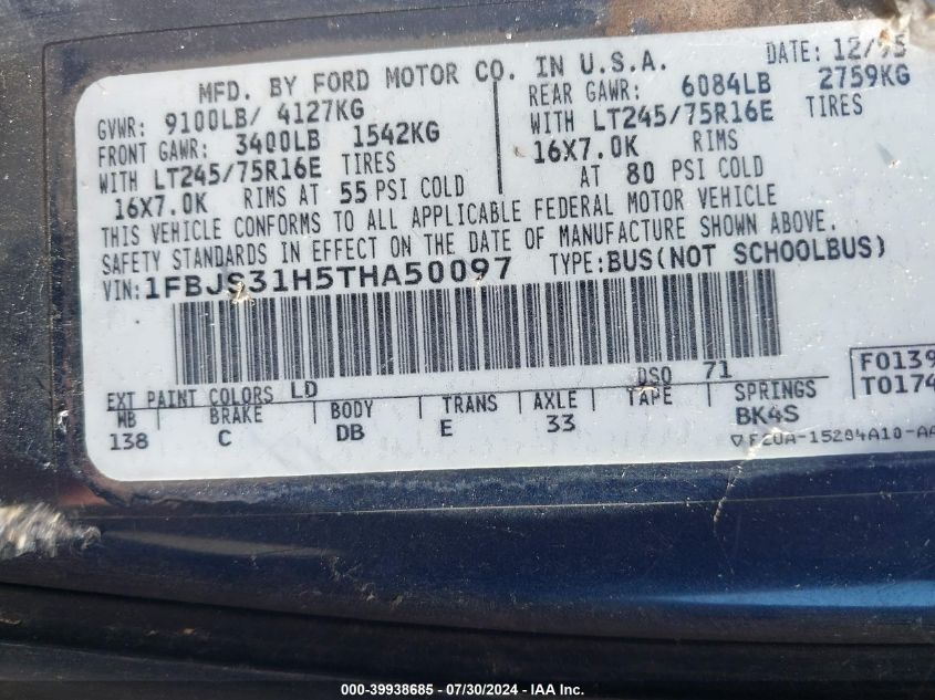 1996 Ford Econoline E350 Super Duty VIN: 1FBJS31H5THA50097 Lot: 39938685