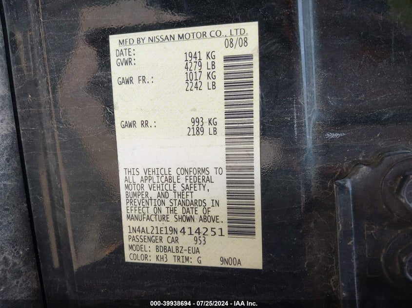 2009 Nissan Altima 2.5/2.5S VIN: 1N4AL21E19N141251 Lot: 39938694