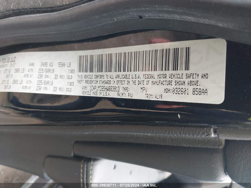 2017 Jeep Cherokee Limited 4X4 VIN: 1C4PJMDB5HW663913 Lot: 39938711