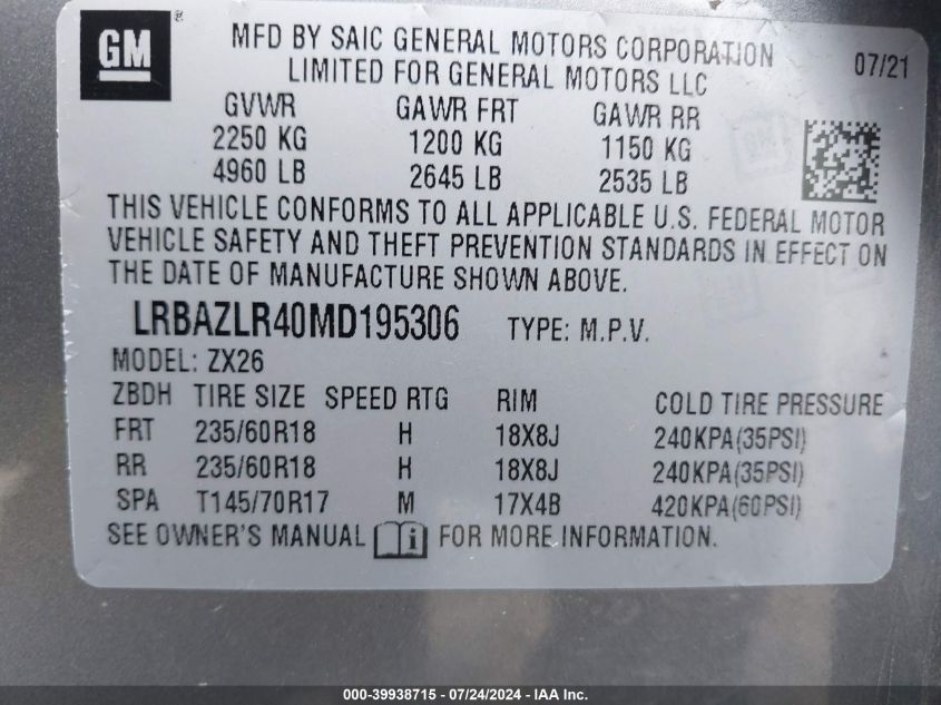 2021 Buick Envision Fwd Preferred VIN: LRBAZLR40MD195306 Lot: 39938715