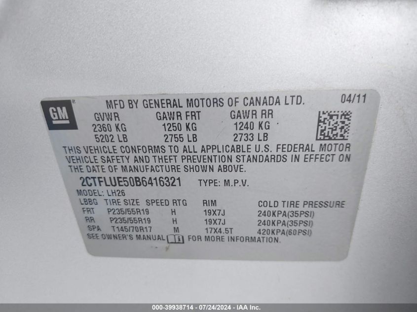 2011 GMC Terrain Slt-1 VIN: 2CTFLUE50B6416321 Lot: 39938714