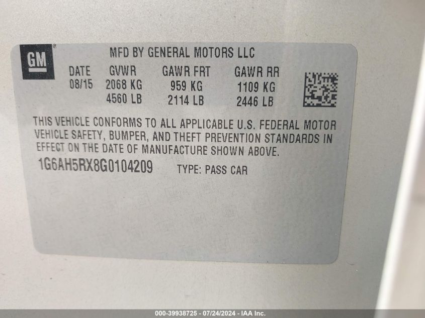 2016 Cadillac Ats Luxury Collection VIN: 1G6AH5RX8G0104209 Lot: 39938725