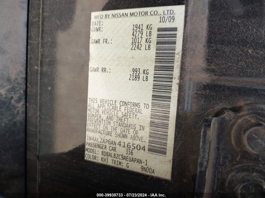 2010 Nissan Altima 2.5 S VIN: 1N4AL2AP6AN416504 Lot: 39938733