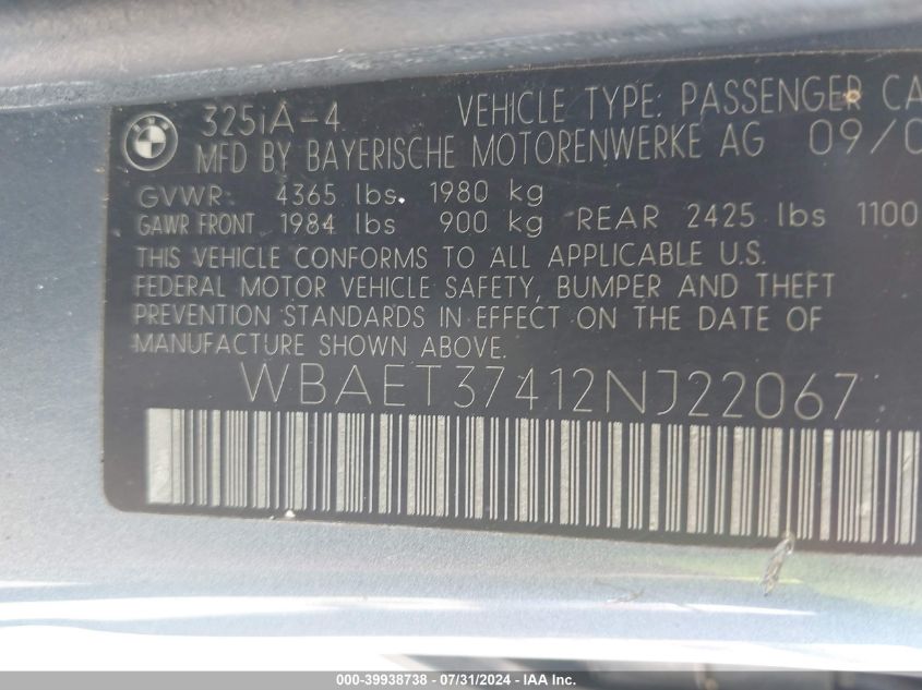 2002 BMW 325I VIN: WBAET37412NJ22067 Lot: 39938738