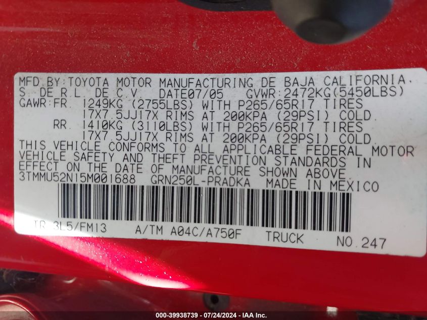 2005 Toyota Tacoma Base V6 VIN: 3TMMU52N15M001688 Lot: 39938739