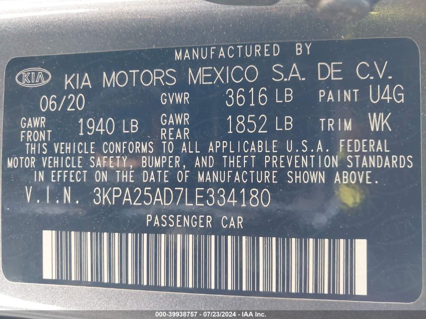 2020 Kia Rio 5-Door S VIN: 3KPA25AD7LE334180 Lot: 39938757