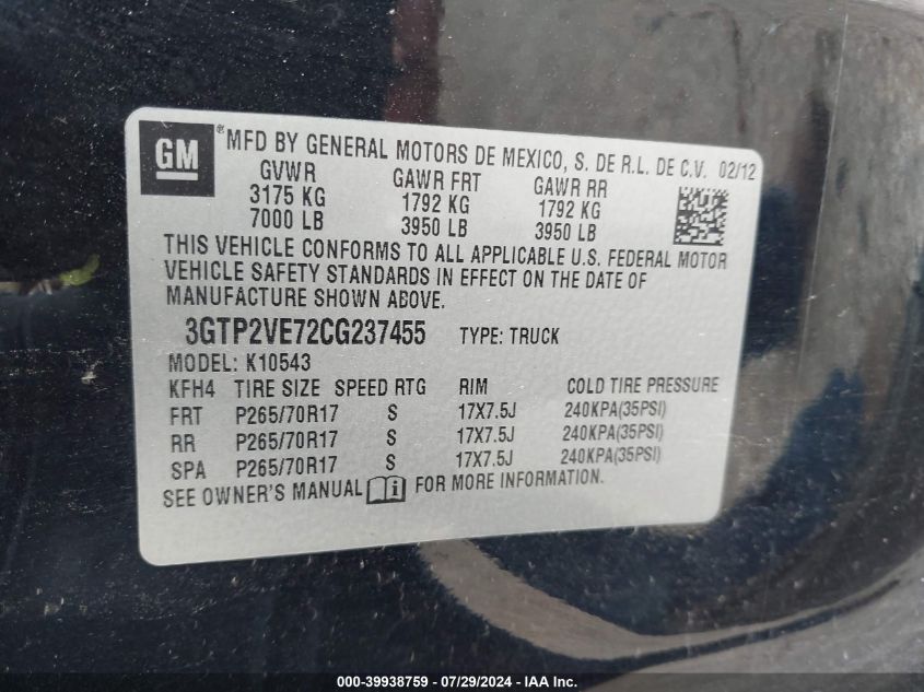 3GTP2VE72CG237455 2012 GMC Sierra 1500 Sle