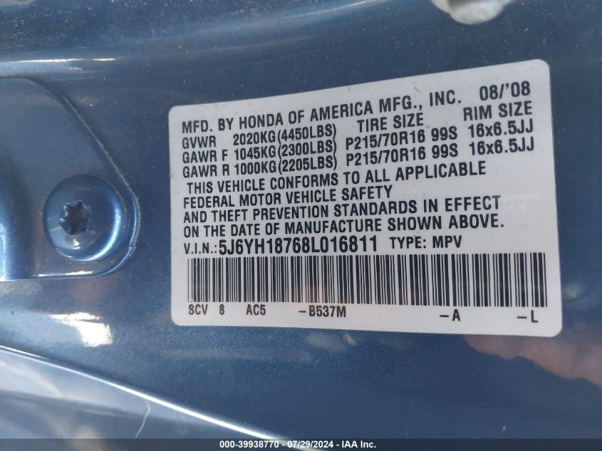 2008 Honda Element Ex VIN: 5J6YH18768L016811 Lot: 39938770