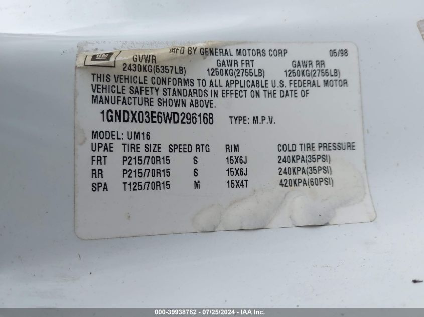 1998 Chevrolet Venture VIN: 1GNDX03E6WD296168 Lot: 39938782
