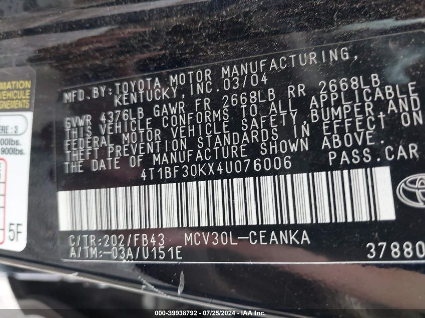 2004 Toyota Camry Le/Xle VIN: 4T1BF30KX4U076006 Lot: 39938792