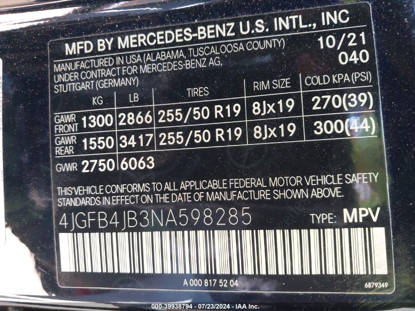 2022 Mercedes-Benz Gle 350 VIN: 4JGFB4JB3NA598285 Lot: 39938794