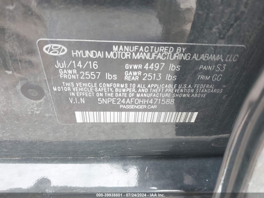 2017 Hyundai Sonata Se VIN: 5NPE24AF0HH471588 Lot: 39938801