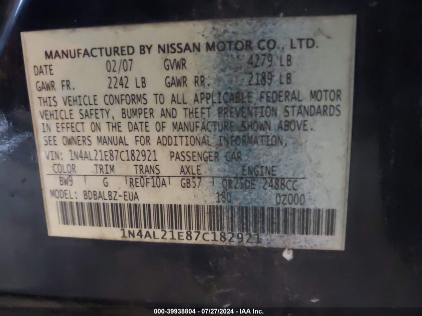 2007 Nissan Altima 2.5/2.5S VIN: 1N4AL21E87C182921 Lot: 39938804