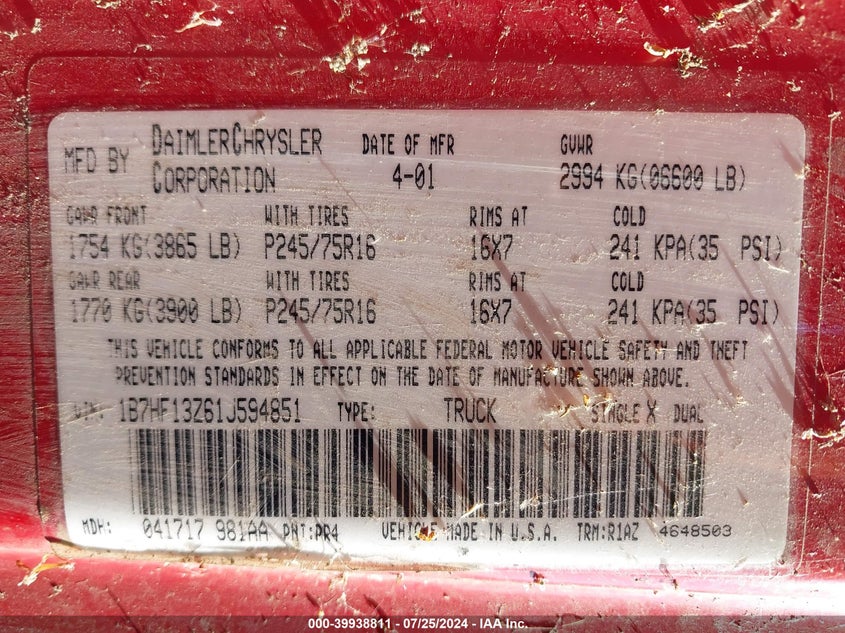 2001 Dodge Ram 1500 VIN: 1B7HF13Z61J594851 Lot: 39938811