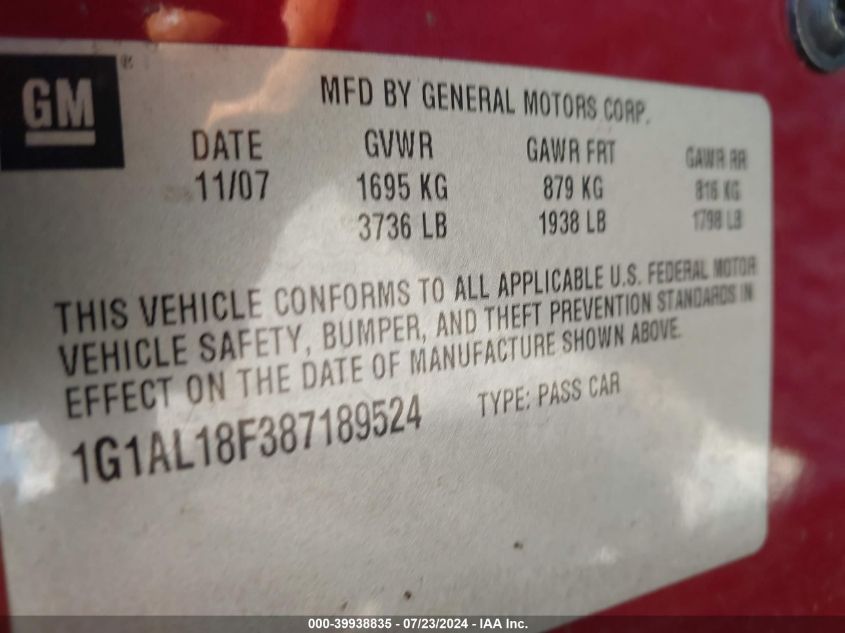 2008 Chevrolet Cobalt Lt VIN: 1G1AL18F387189524 Lot: 39938835