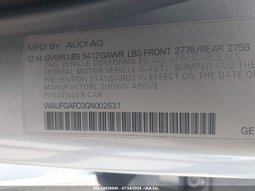 2016 Audi A6 3.0T Premium Plus VIN: WAUFGAFC0GN002631 Lot: 39938840