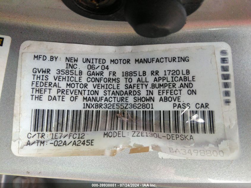 2005 Toyota Corolla Ce/Le/S VIN: 1NXBR32E55Z362801 Lot: 39938851