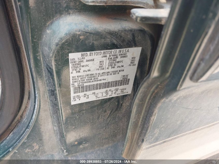 2002 Ford F-150 King Ranch/Lariat/Xlt VIN: 1FTRW08L62KB48794 Lot: 39938853