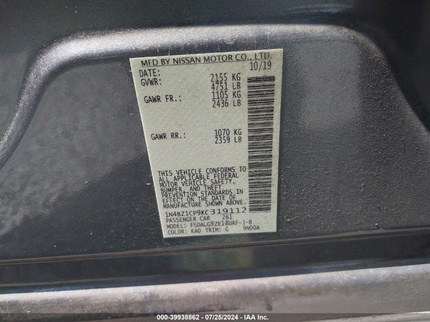 2019 Nissan Leaf Sl Plus VIN: 1N4BZ1CP9KC319112 Lot: 39938862
