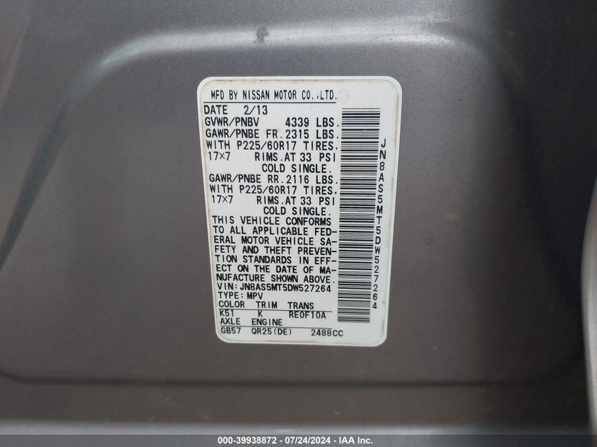 2013 Nissan Rogue S/Sv VIN: JN8AS5MT5DW527264 Lot: 39938872