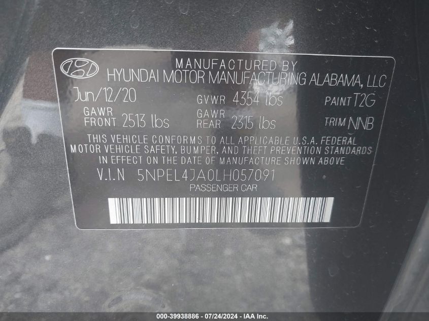 2020 Hyundai Sonata Sel VIN: 5NPEL4JA0LH057091 Lot: 39938886