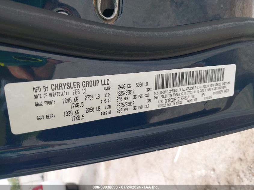 2013 Dodge Journey Sxt VIN: 3C4PDCBB1DT634512 Lot: 39938893